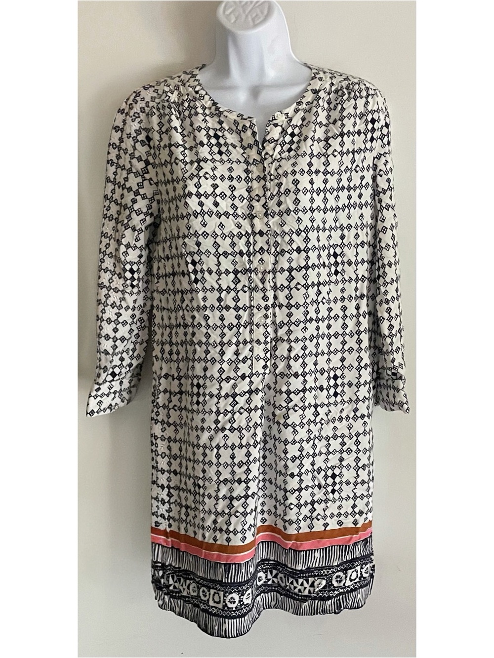 LOFT Navy and White Geometric Midi Dress with Coral Border